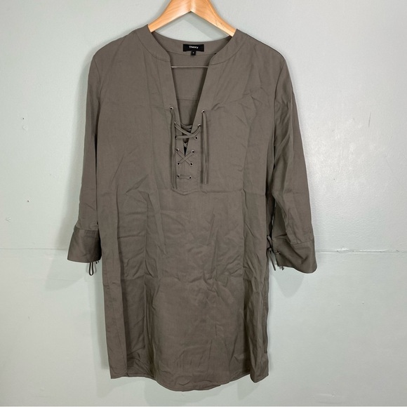 Theory Jullitah Dress Green Long Sleeve Mini Lace Up Tencel Sz‎ 6 - Picture 1 of 5
